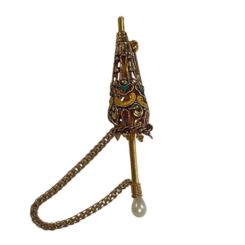 Vintage Umbrella Enamel Parasol Pin Brooch Gold Toned Damascene Pearl Handle